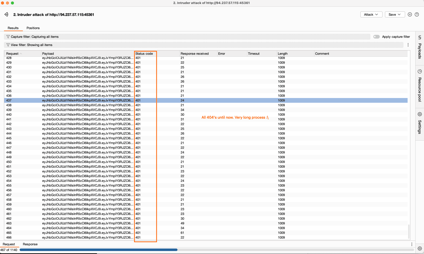 Burp Suite Intruder showing 404 responses