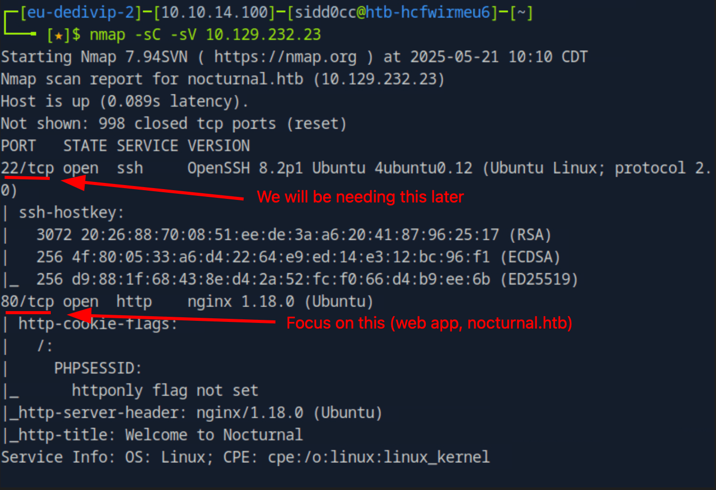 Nmap scan results showing open ports 22 (SSH) and 80 (HTTP)