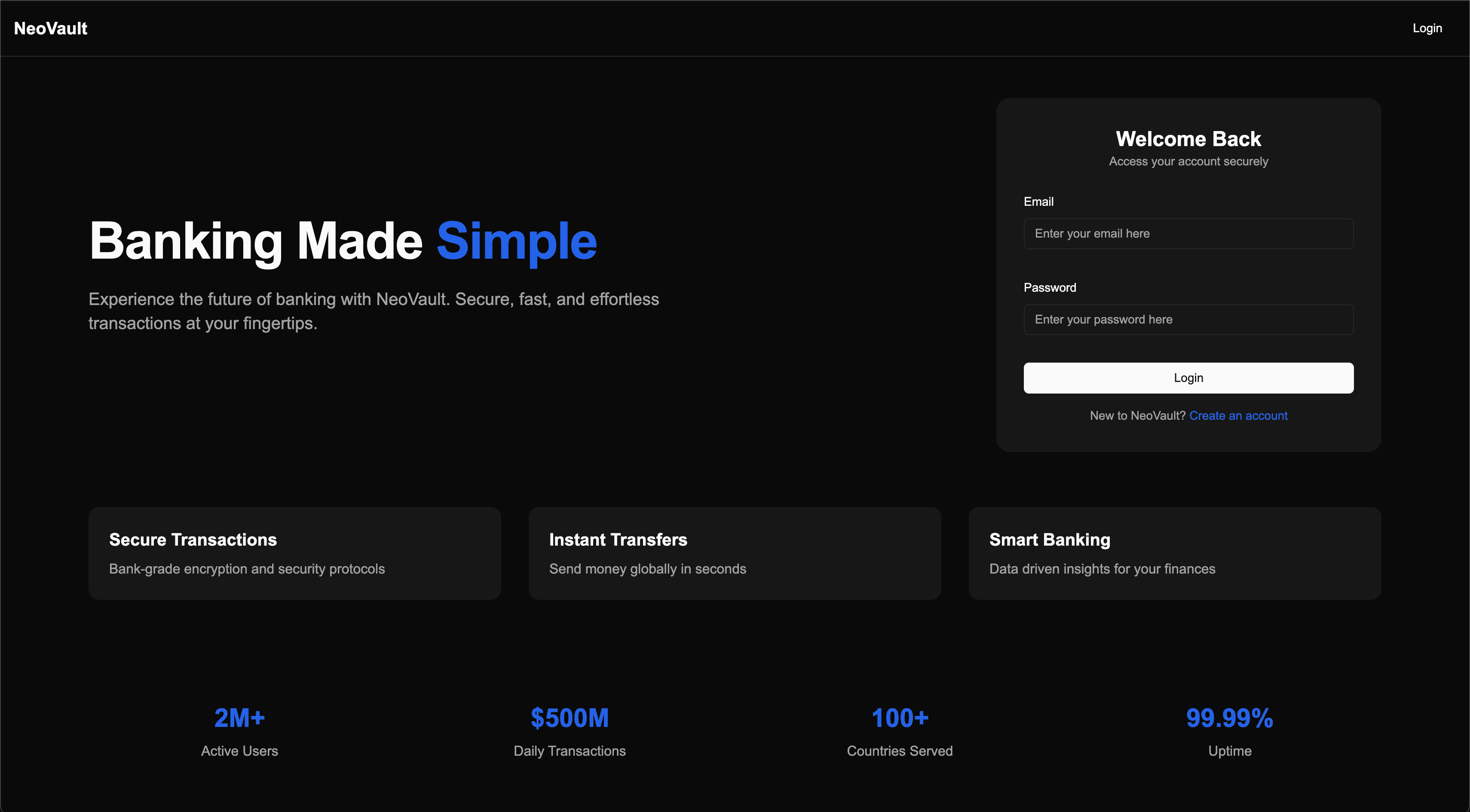 NeoVault banking application interface