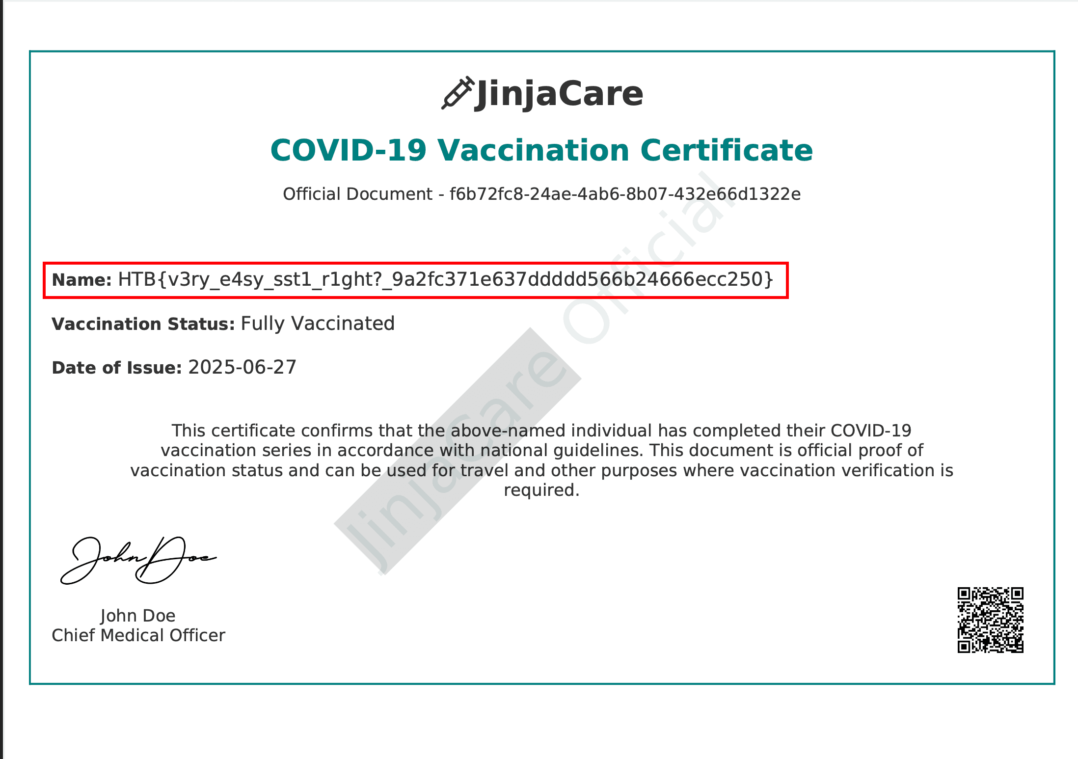 JinjaCare Certificate showing the captured flag